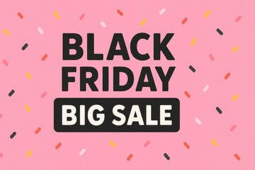 A playful pink background highlights bold Black Friday big sale text surrounded by colorful confetti sprinkles