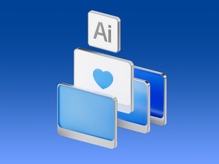 3D icon of AI selecting and analyzing product cards, symbolizing smart recommendation systems, targeting, and automated decision-making in digital commerce.