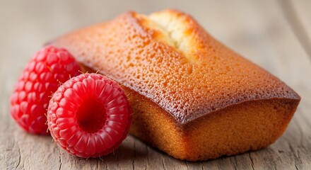 Golden financier cake with fresh red raspberries on a rustic wooden surface.