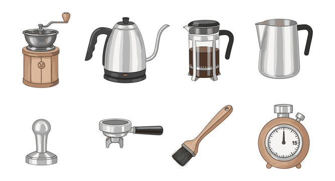 Collection of coffee brewing tools in hand-drawn style for cafe enthusiasts