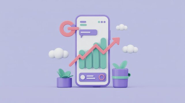 This 3D render illustrates mobile app growth and digital analytics on a smartphone screen, featuring an upward chart, communication bubbles, and playful design.