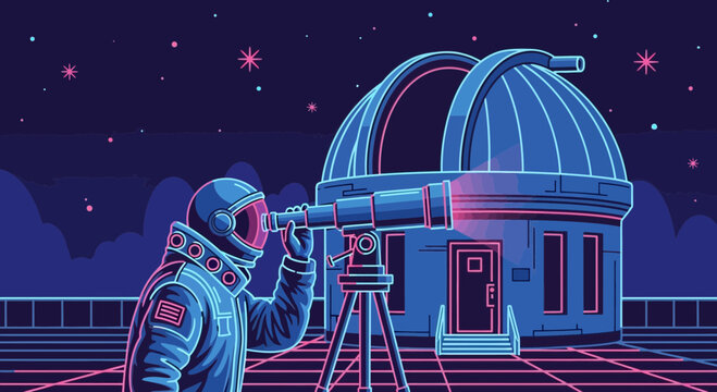Astronaut explores universe from observatory using a telescope amid starry skies