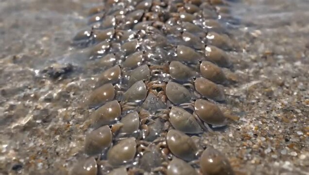 Pebbles aligned in a row on a beach wet surface in daylight from a close-up view