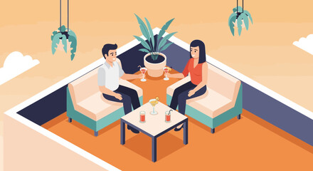 Fototapeta premium Isometric illustration of a couple enjoying cocktails on a rooftop terrace with plants and a calm