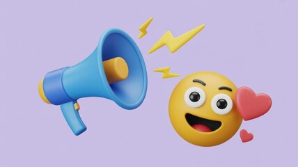 A blue 3D megaphone with lightning speaks to a happy emoji radiating love with hearts, on a soft purple background.