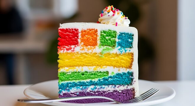 A slice of vibrant rainbow layer cake with white frosting and colorful sprinkles on a white plate. - Powered by Adobe