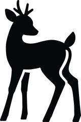 Black silhouette of a young deer, stag or fawn with small antlers.