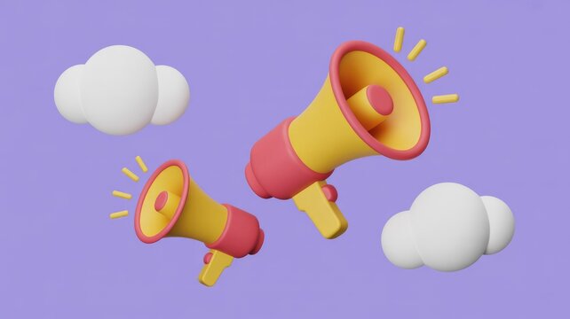 Two vibrant 3D cartoon megaphones broadcast important announcements with sound waves and fluffy clouds against a simple purple background. - Powered by Adobe
