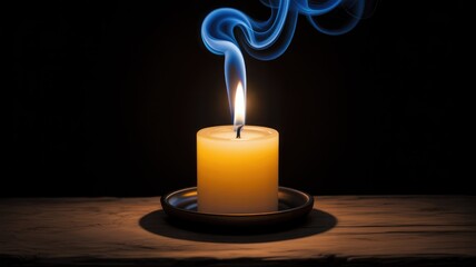 A serene lit candle on wood, emitting a warm glow and mesmerizing blue smoke against a dark, contemplative background.