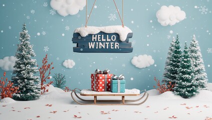 Winter scene with gifts on a sled and a hello winter sign hanging above the snow