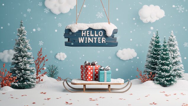 Winter scene with gifts on a sled and a hello winter sign hanging above the snow