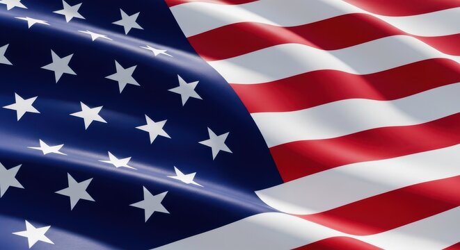 Closeup of the american flag waving in the wind, showcasing its iconic stars and stripes in vibrant red, white, and blue colors