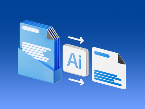 3D icon of an AI system analyzing and transforming documents, representing text processing, summarization, content extraction and automated document analysis.