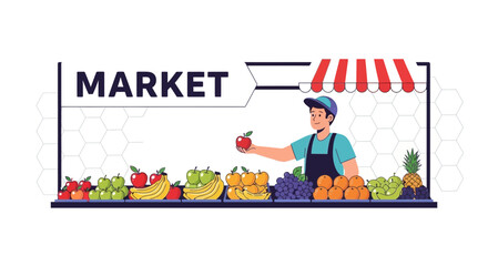 Charming Illustration of a Fruit Market Stall with a Friendly Vendor and Fresh Produce