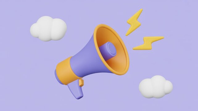 A vibrant 3D megaphone surrounded by fluffy clouds and dynamic lightning bolts against a serene purple background, symbolizing announcements and alerts. - Powered by Adobe