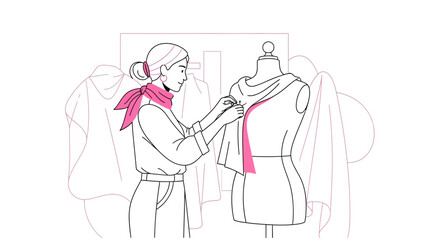 Obraz premium Fashion designer working on a mannequin, crafting new clothes in her atelier and studio, tailoring