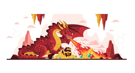 Naklejka premium Illustration of a fearsome red dragon guarding its treasure hoard in a fantasy cave setting