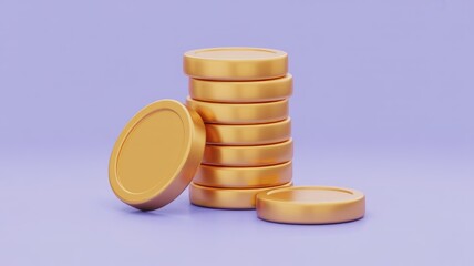 A gleaming stack of golden coins, with two additional coins presented on a soft purple background, symbolizing financial growth, wealth, and savings.