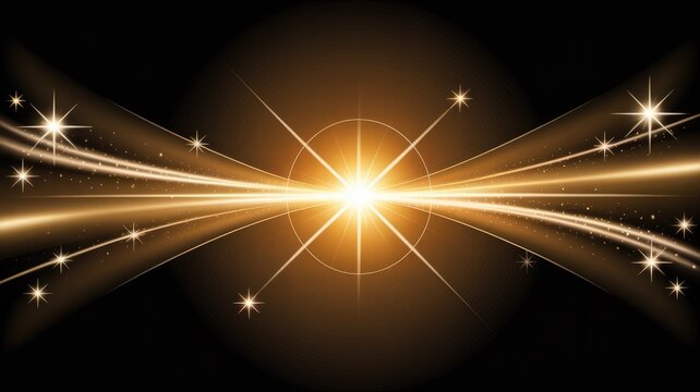 A powerful golden starburst illuminates a dark background, sending out sparkling light rays and shimmering particles, creating an energetic and luxurious ambiance.