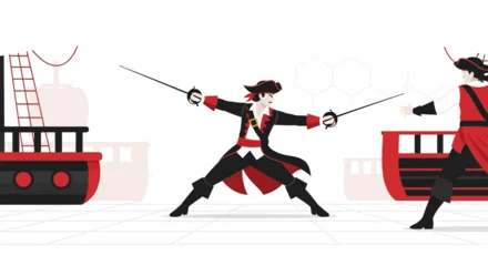 Papier peint photo Pirates Pirates duel with swords on ship board in cartoon illustration graphic concept scene  © RESTU