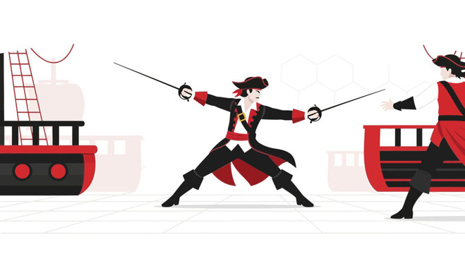 Pirates duel with swords on ship board in cartoon illustration graphic concept scene