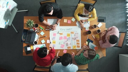 Top down aerial view of professional business people hands making scrum task board to manage workflow in workplace. Diverse smart team shaking hand and making agreement at meeting room. Convocation. - Powered by Adobe