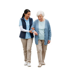Caregiver Walking with Elderly Person – Supportive, Trusting Moment of Outdoor Mobility and Care

