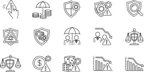 Collection of line art icons representing risk management, security, finance, and legal concepts