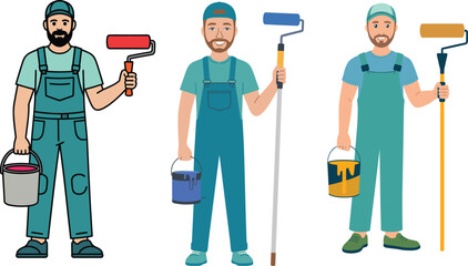 Cartoon illustration of male house painter holding paint roller and bucket wearing overalls professional worker character for renovation construction home improvement design