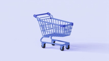 A vibrant blue 3D shopping cart stands empty on a soft blue background, representing online shopping, consumerism, and retail concepts.