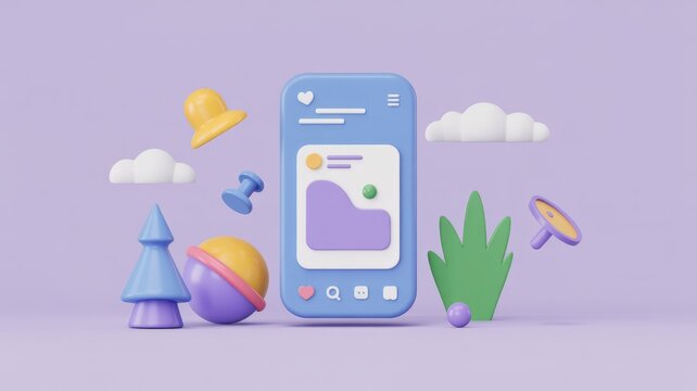 Minimalist 3D render of a smartphone with social media feed, surrounded by abstract colorful icons like clouds, a tree, and a thumbtack.