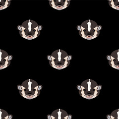 Seamless animal pattern with heads of American badger. Taxidea taxus. Cartoon style. On black background.