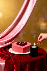 Delicious heart-shaped cake with cherries and candle on elegant table