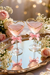 Celebrate a special occasion with heart-shaped cocktails surrounded by elegant flowers
