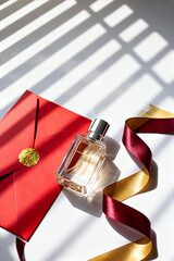 Elegant tennis lifestyle flat lay with perfume and decorative envelope in soft sunlight