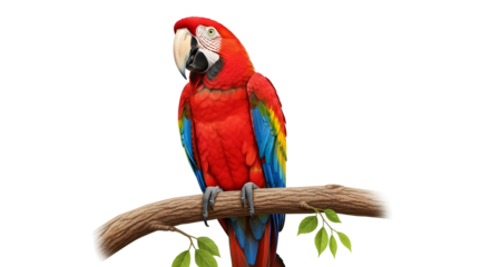 Scarlet macaw perched on a branch, isolated on white background