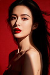 Elegant tennis lifestyle portrait featuring a model with striking red lips and flowing hair against a vibrant backdrop