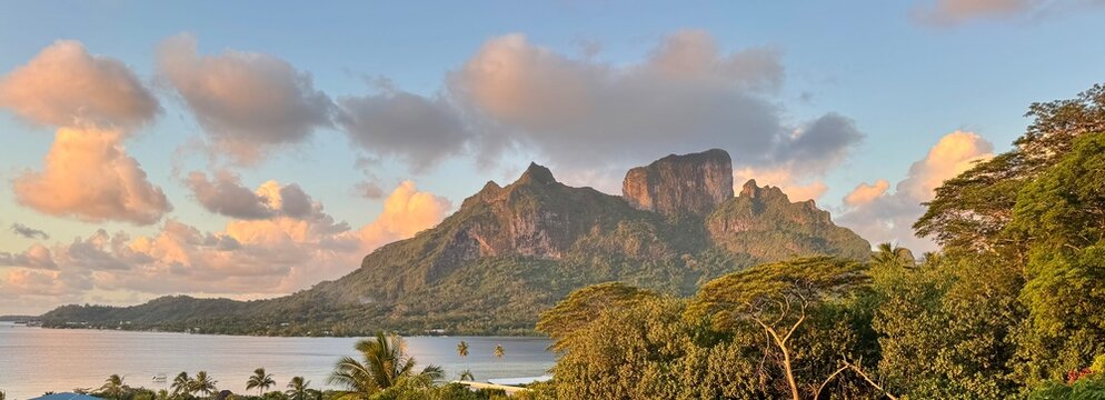 Sunset view of Mount Otemanu and tropical landscape in French Polynesia