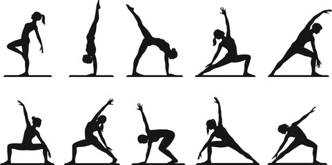 Yoga poses silhouette, fitness flexibility, wellness balance, meditation exercise, body strength, stretching routine, healthy lifestyle, spiritual practice, calm focus, posture training