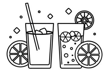 Hand drawn lemonade glasses with ice and lemon slices silhouette isolated on white background VECTOR.