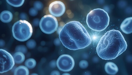 Cinematic Microphotography of Glowing White Blood Cells with Blue Aura