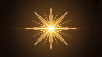 Fototapeta premium A vibrant golden star of Bethlehem radiates brilliant light and hope, centered on a dark brown background with flares.
