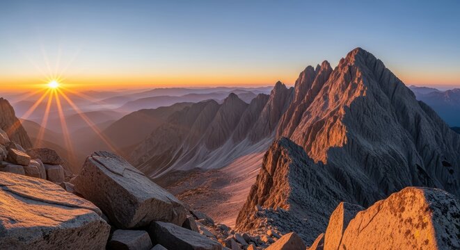 Majestic mountain range at sunrise, with jagged peaks illuminated by the golden sun and a clear blue sky, creating a breathtaking natural landscape - Powered by Adobe