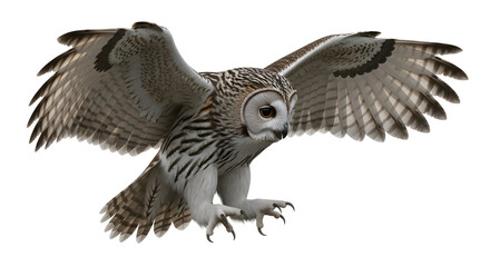 Fototapeta premium Owl in flight with wings spread on white background