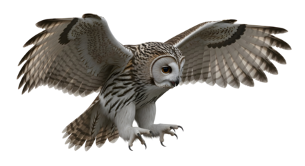 Owl in flight with wings spread on white background