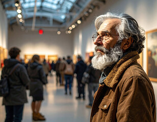 Senior man contemplating artwork in museum gallery