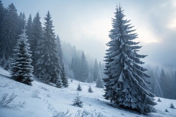 Beautiful winter landscape with snowy fir trees and fog.