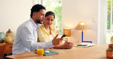 Home, cellphone and couple with love, discussion and bonding together with social media. Happy, man and woman with smartphone, internet and connection with relationship, digital app and communication