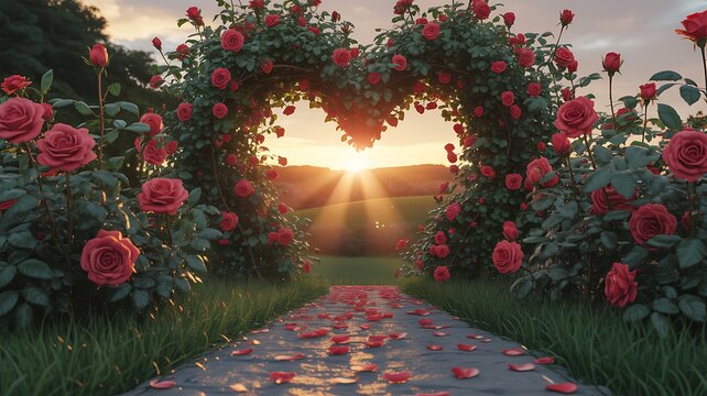 Romantic Rose Garden Pathway A Heart-Shaped Archway Leading to Sunset Serenity & Love's Embrace