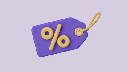 A 3D purple price tag with a yellow percentage symbol, representing sales, discounts, and promotional offers. Clean, minimalist design.